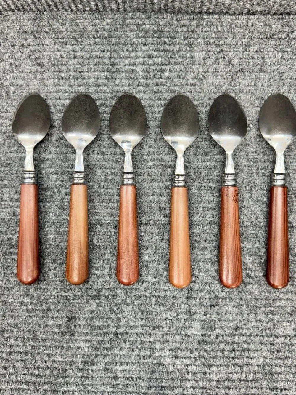Faberware Silverware Lot Of 6 Spoons Faux Wood Brown Handle Set Oval Vintage
